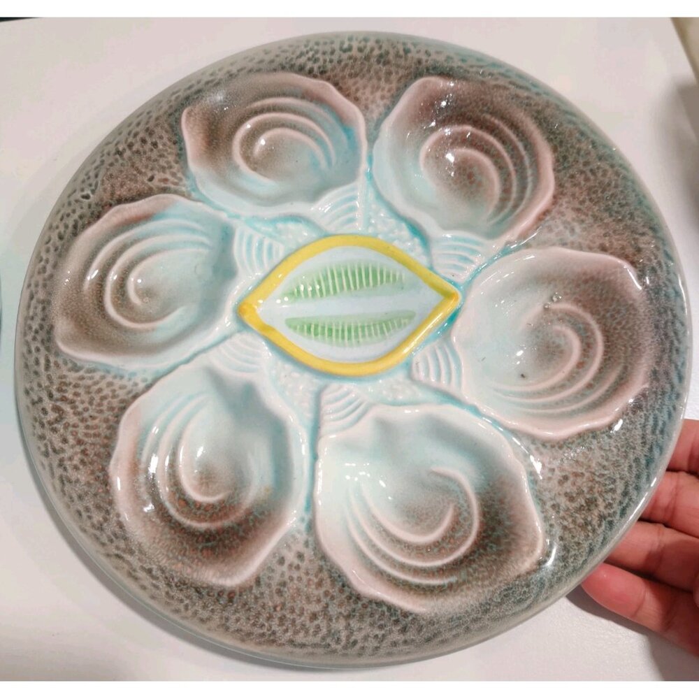 2 Vintage MCM Majolica Pottery Lemon Wedge Oyster Plates 1950-70's Japan READ - Picture 9 of 13